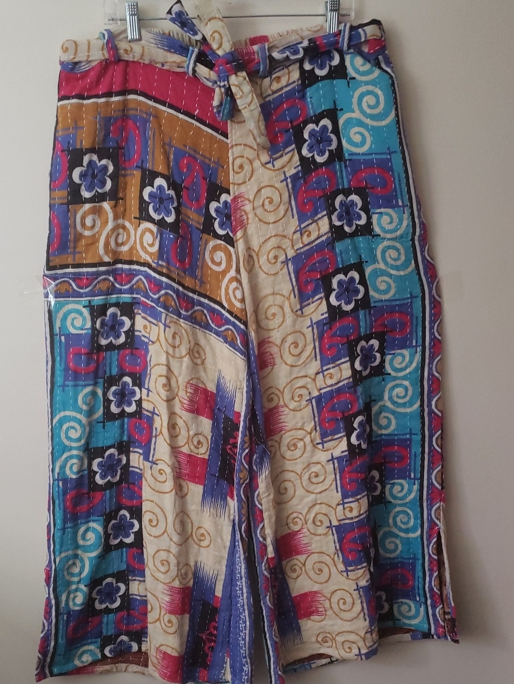 Boho Wide Leg Cotton Kantha Patchwork Print Pants - Turquoise & Cream